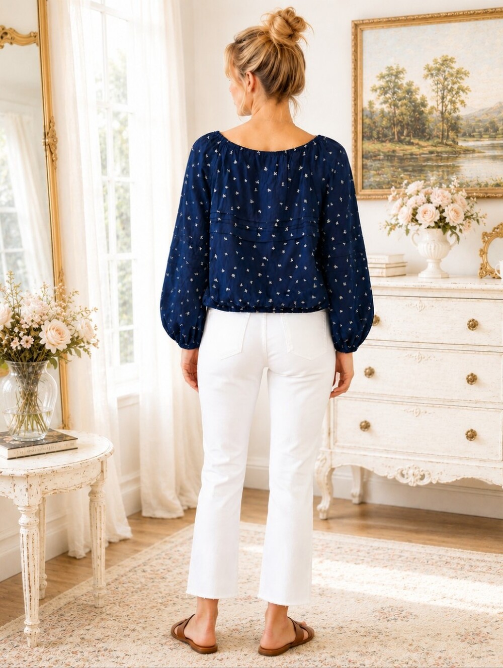 Universal Thread Navy Floral Peasant Blouse Boho Tie Neck Top Size Small - Picture 2 of 8